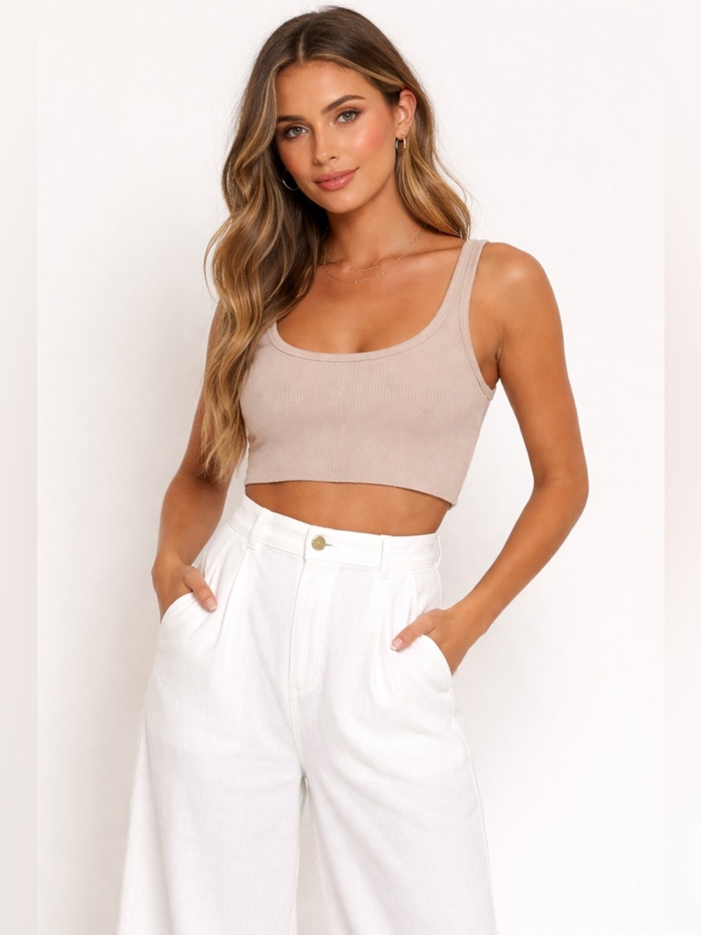 mahina Ribbed Scoop Neck Crop Tank - Cream